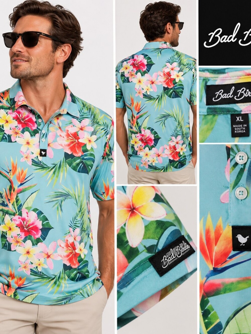 Bad Birdie Men XL Tropical Floral Golf Polo Shirt Blue Hawaiian Performance